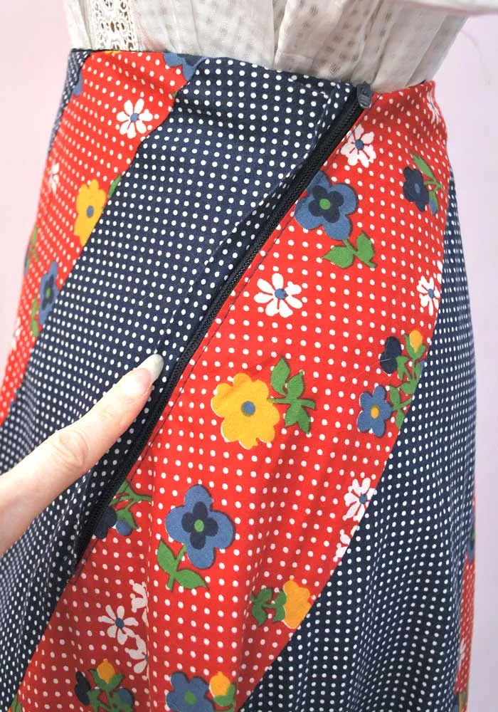 1970s Vintage Red and Blue Patchwork Floral Maxi Skirt • Scarf Hem • Polka Dots