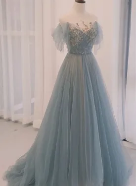 A-line Blue with Lace Applique Party Dress, Long Blue Formal Dress Prom Dress