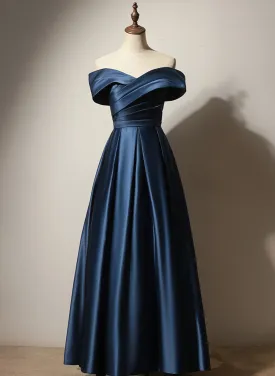 A-line Simple Navy Blue Long Prom Dress, Blue Sweetheart Evening Dress