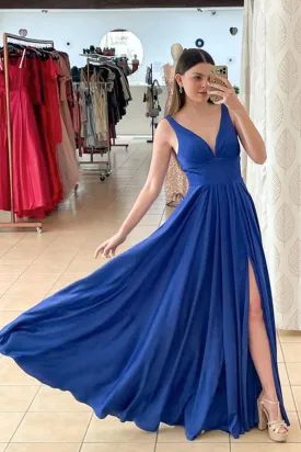 A Line V Neck Royal Blue Satin Long Prom Dress with High Slit, V Neck Royal Blue Formal Graduation Evening Dress A1678