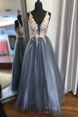 A Line V Neck Smoke Blue Long Prom Dress with Lace Appliques Floral Smoke Blue Formal Graduation Evening Dress