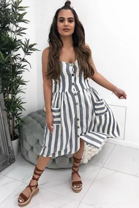 Blue And White Stripe Button Up Dress - Lilyanne