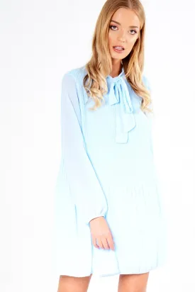 Blue Pleated Tie Neck Long Sleeve Swing Dress - Nickie