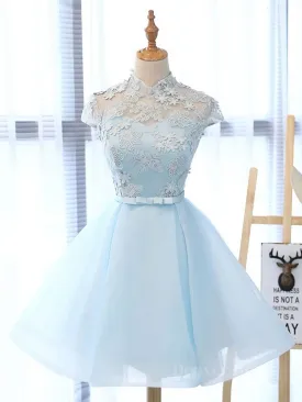 Blue tulle lace short prom dress blue tulle lace homecoming dress