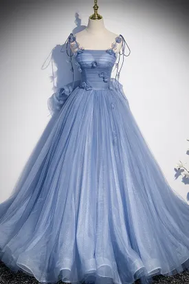 Blue Tulle Long A-Line Prom Dress, Blue Spaghetti Straps Party Dress with Bow