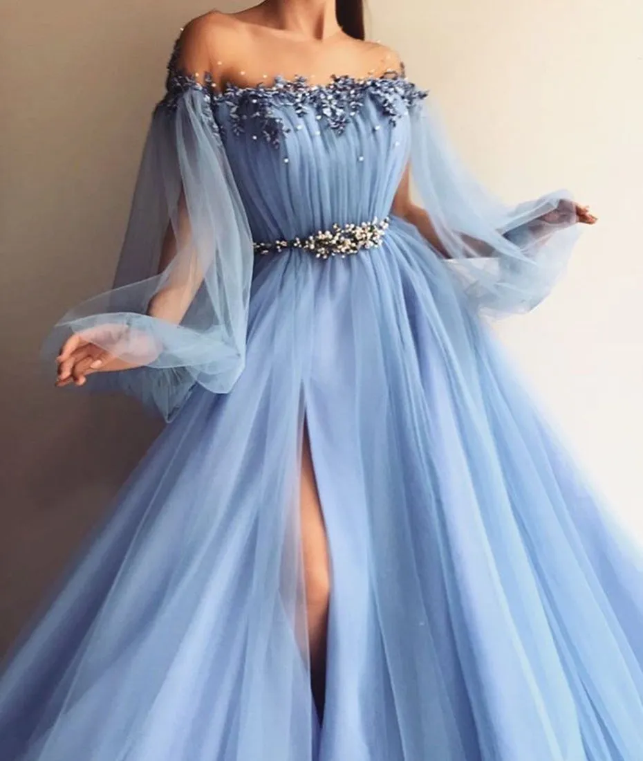 Custom Made Long Sleeves Baby Blue Tulle Long Prom Dress with Slit, Baby Blue Formal Dress, Blue Long Sleeves Evening Dress