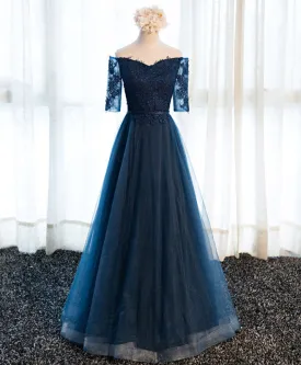 Dark Blue Lace Tulle Long Prom Dress, Lace Evening Dress