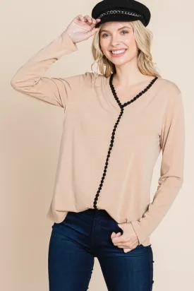 Full Size Lace Contrast Long Sleeve Blouse