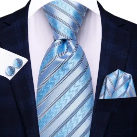 Hi-Tie Blue Tie Light Gray Stripes Necktie Pocket Square Cufflinks Set