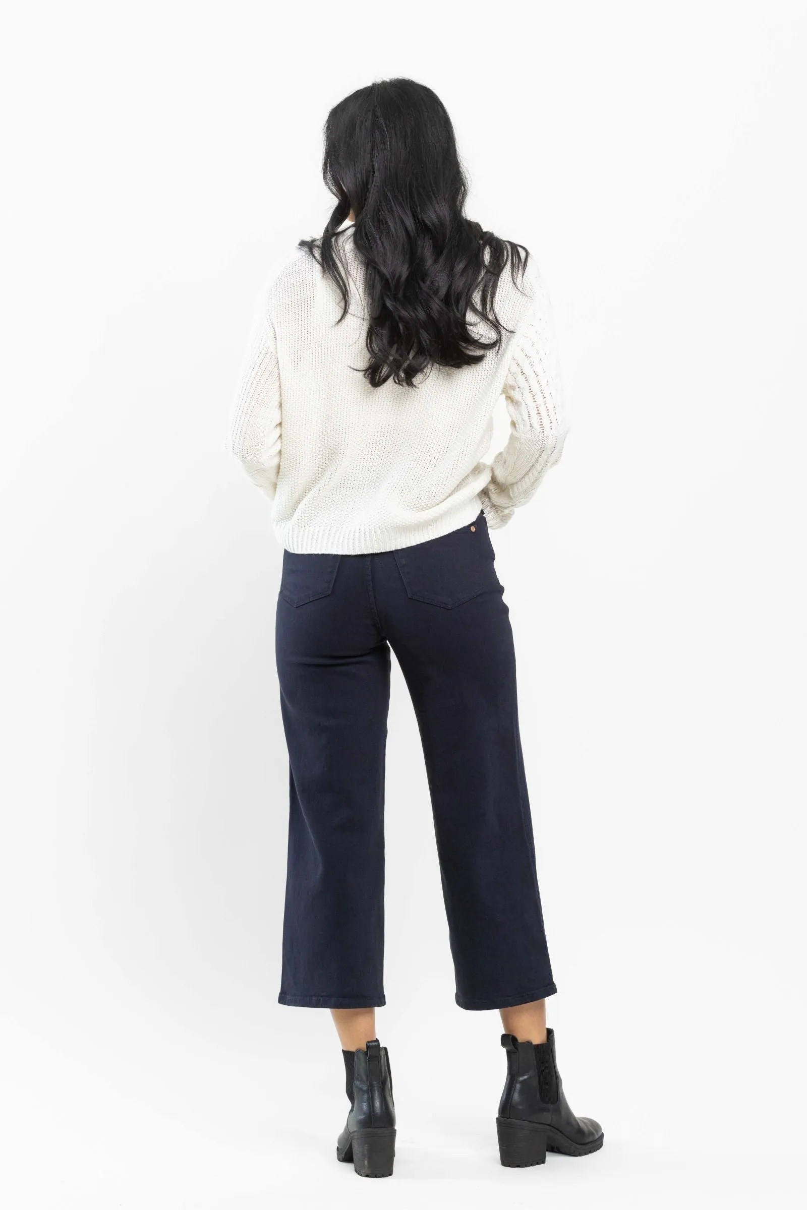 Judy Blue High Waist Tummy Control Garment Dyed Wide Leg Crop Navy Denim 88807
