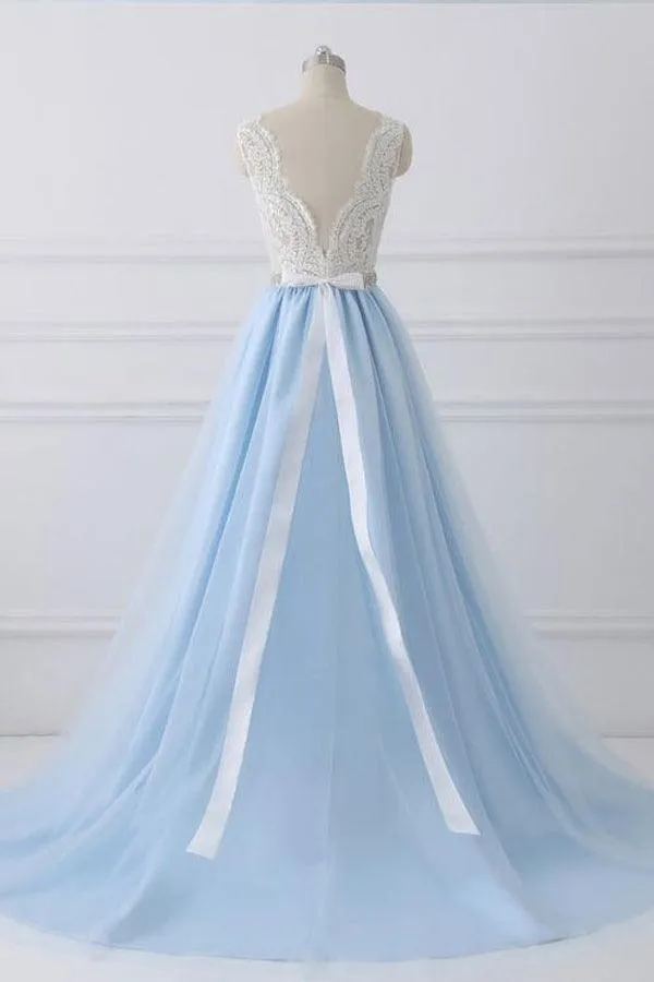 Lace Straps A line Blue Skirt Long Evening Prom Dresses PG583