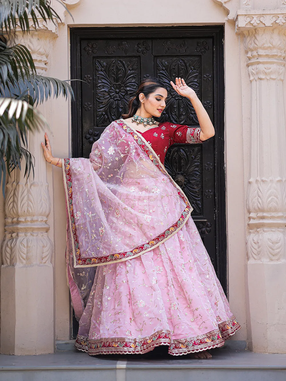 Light Pink Color Thread Embroidery Work With Lace Border Organza Lehenga Choli