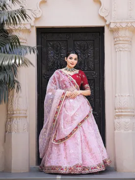 Light Pink Color Thread Embroidery Work With Lace Border Organza Lehenga Choli