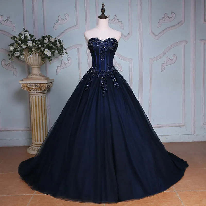 Navy Blue Lace Applique Tulle Long Party Dress, Blue Formal Gown