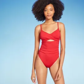 New - Shade & Shore Women's Underwire Extra Cheeky One Piece Swimsuit High Leg Red 34B