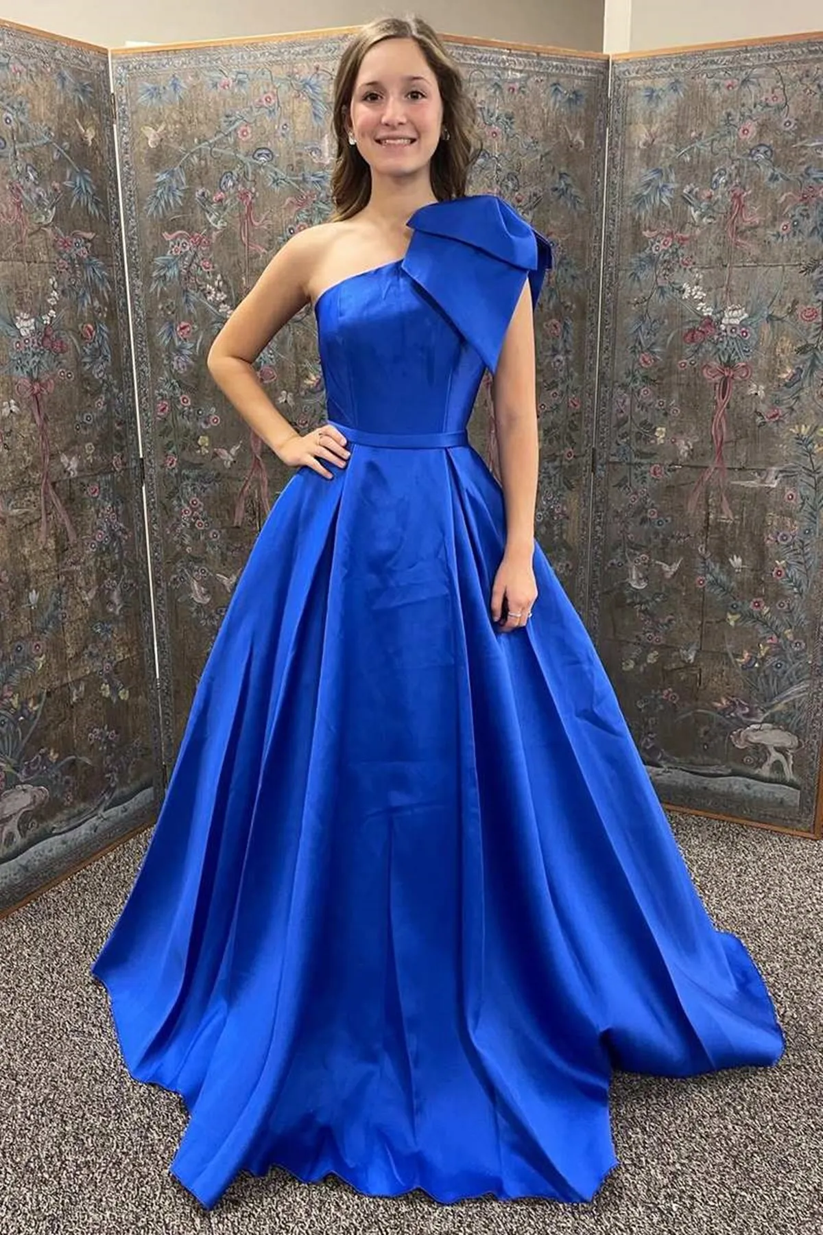 One Shoulder Royal Blue/Yellow Long Prom Dress, Long Royal Blue/Yellow Formal Graduation Evening Dress A1804