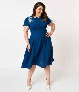 Plus Size 1940s Style Royal Blue & White Embroidered Floral Ava Swing Dress