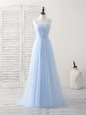 Simple Blue Tulle Long Prom Dress Blue Bridesmaid Dress