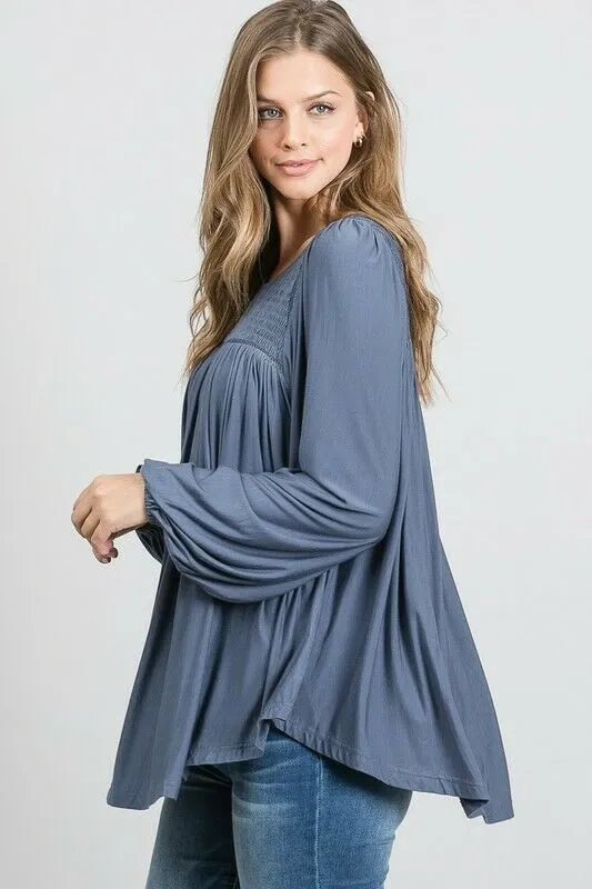 Steel Blue Boho Long Sleeve Modal Smocked Lace Yoke Tunic Casual Womens