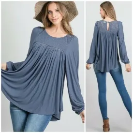 Steel Blue Boho Long Sleeve Modal Smocked Lace Yoke Tunic Casual Womens