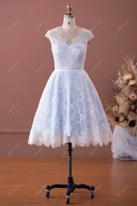 Tea Length Lace Sky Blue Cap Sleeve Elopement Bridal Gown