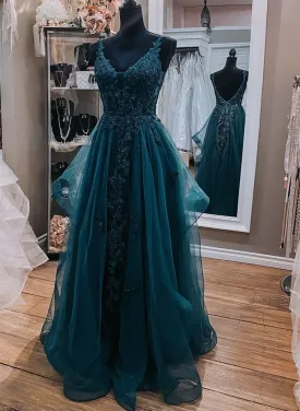 Teal Blue Tulle V-Neckline Long Party Dress With Lace Teal Blue Long Prom Dress