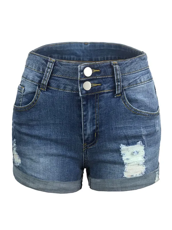 Trendy ripped rolled edge elastic high waist denim shorts women's hot pants