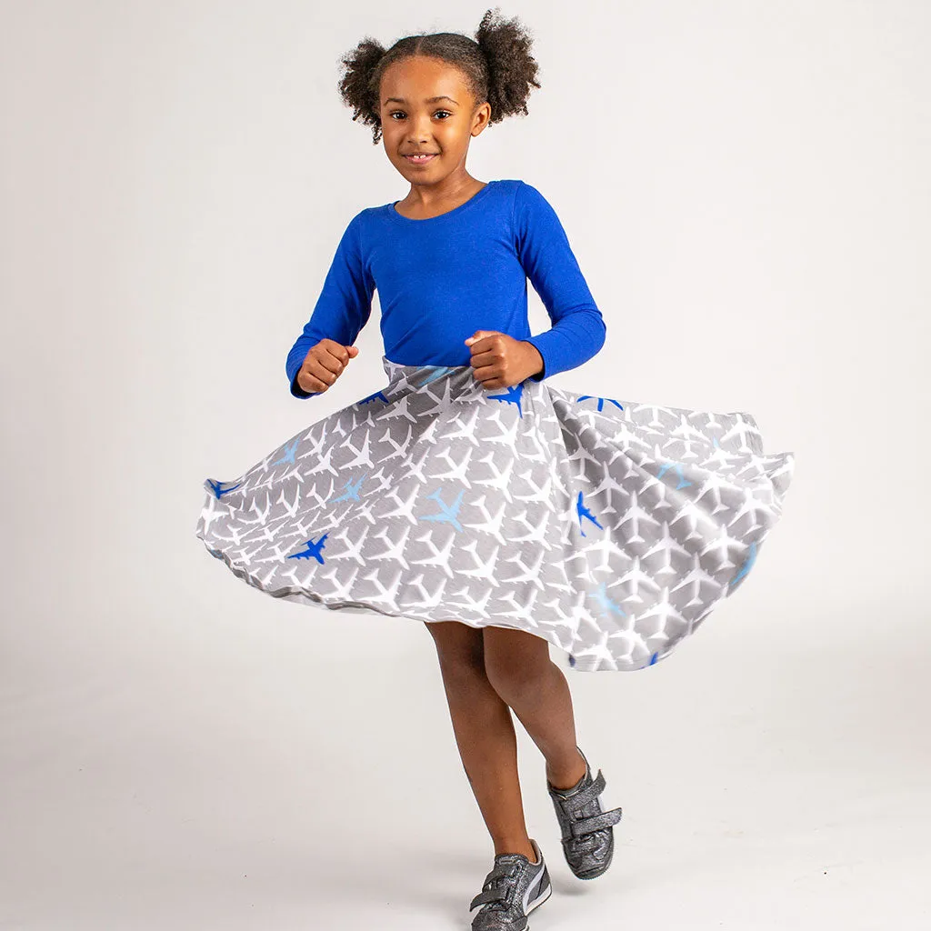 “True Blue” Airplanes Twirly Play Dress with Pockets and Long Sleeves