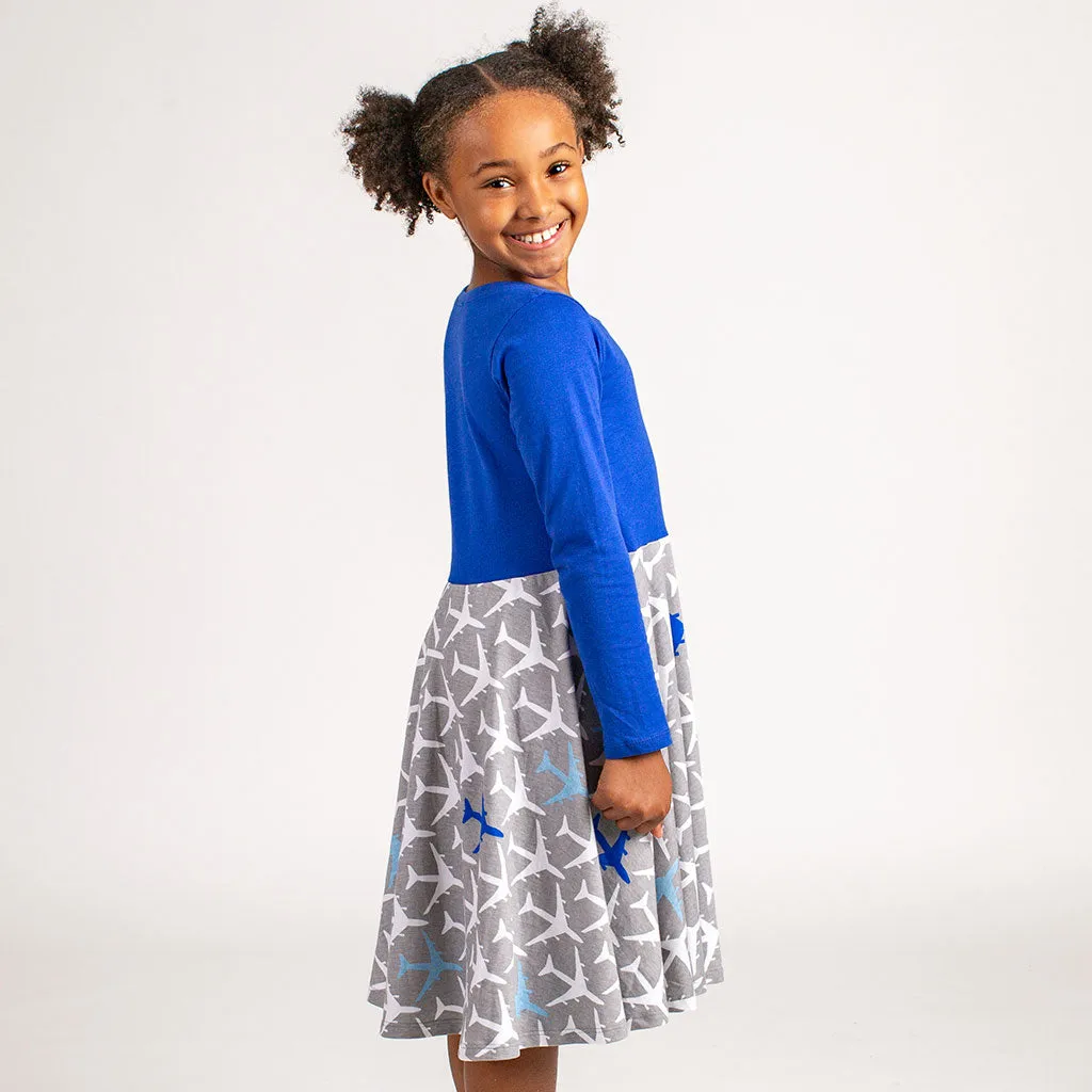 “True Blue” Airplanes Twirly Play Dress with Pockets and Long Sleeves