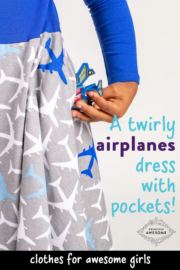 “True Blue” Airplanes Twirly Play Dress with Pockets and Long Sleeves