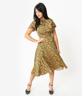 Unique Vintage 1940s Navy & Mustard Floral Formosa Swing Dress