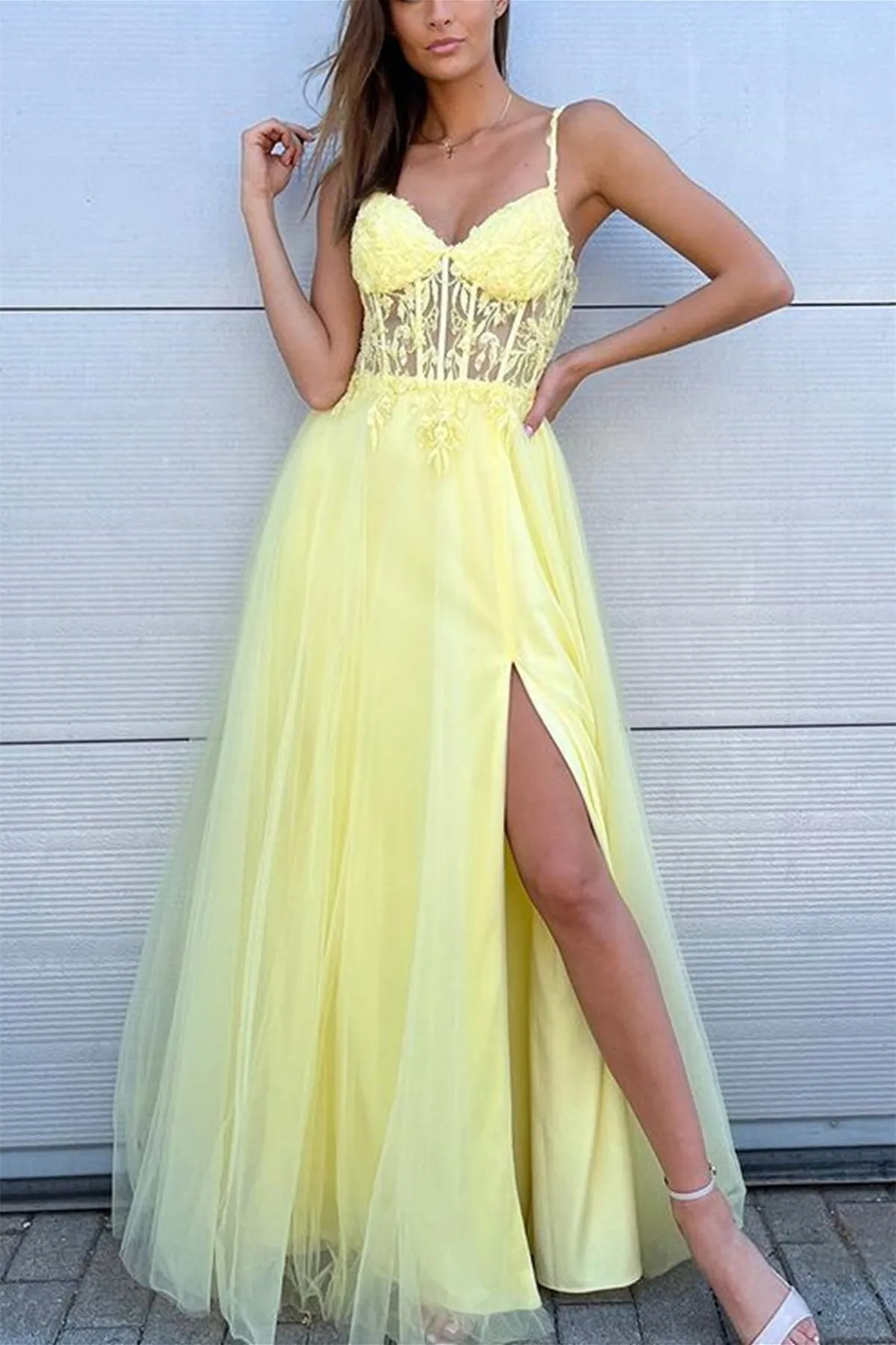 V Neck Blue/Pink/Yellow Lace Long Prom Dress with High Slit, Blue/Pink/Yellow Lace Formal Graduation Evening Dress A1731