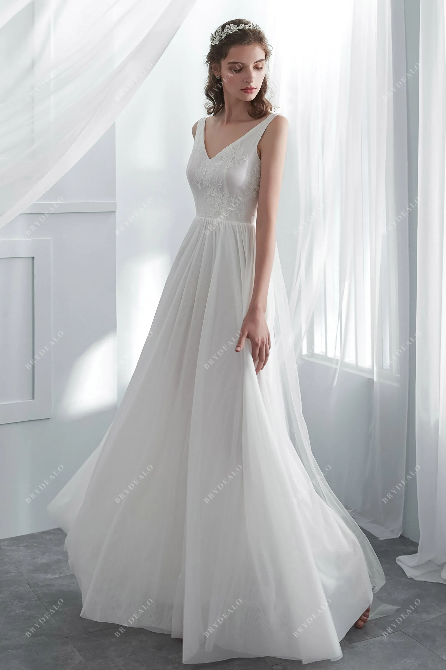 V-neck Lace Draping Floor Length Spring Summer Wedding Dress