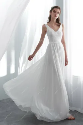 V-neck Lace Draping Floor Length Spring Summer Wedding Dress