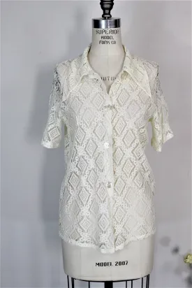 Vintage 1970s White Lace Blouse With Short Sleeves