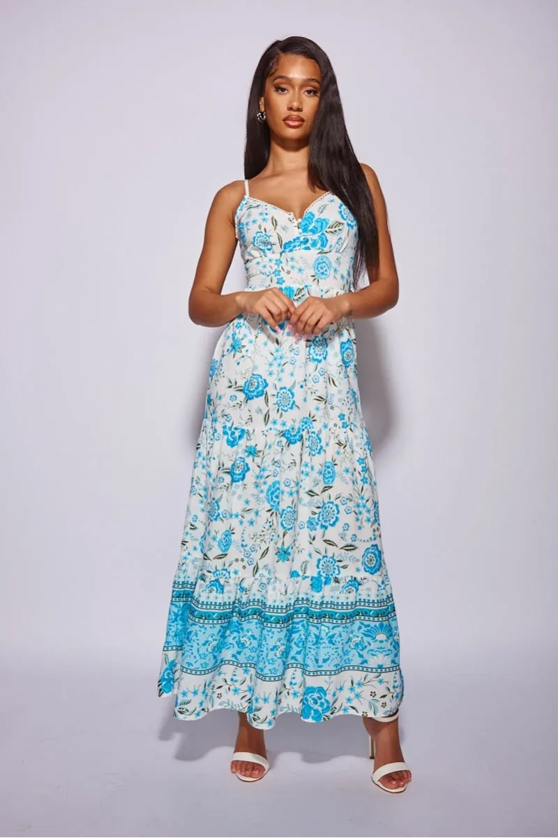 White Blue Floral Cami Strap Tiered Maxi Dress