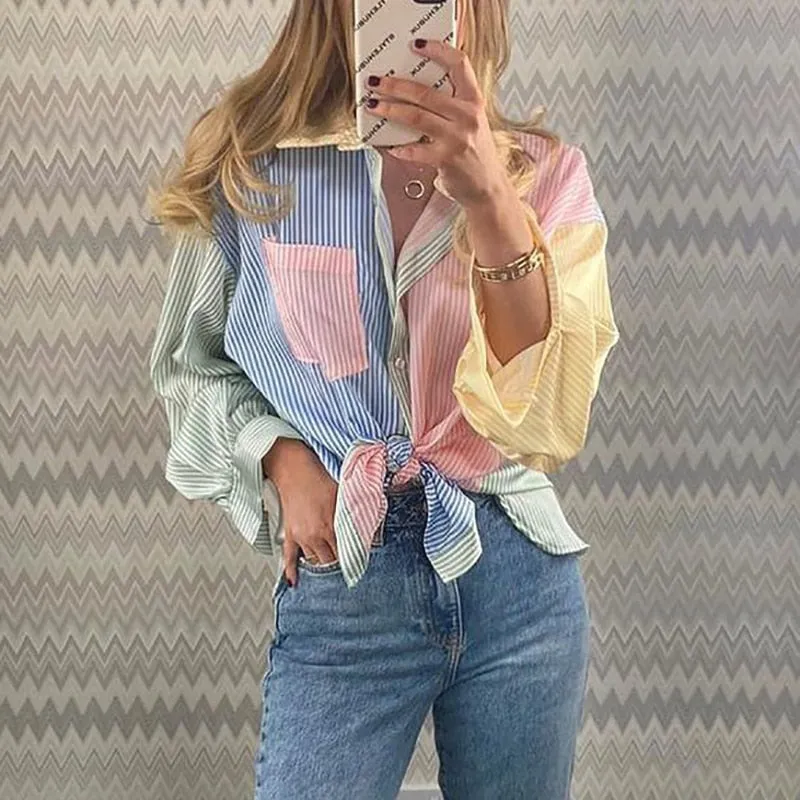 Women Loose Vintage Longline Striped Blouse