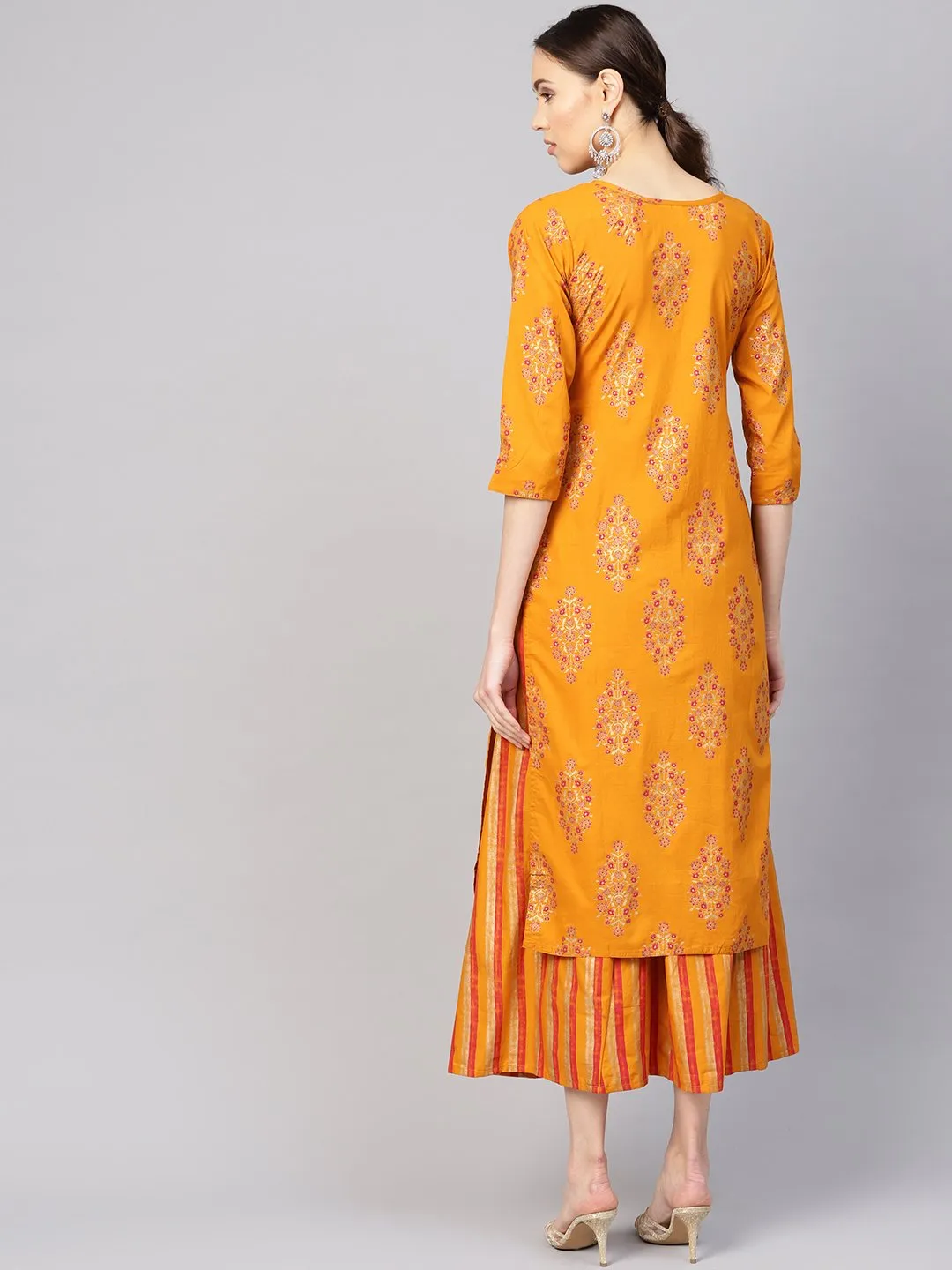 Women Mustard Yellow & Pink Printed Kurta With Skirt