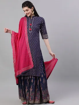 Women Navy Blue Three-Quarter Sleeves Straight Kurta Skirt With Dupatta