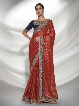 Women Wedding Wear Red Colour Viscose with Heavy Lace Border Worked Saree Collection