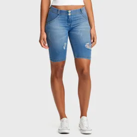 WR.UP® Mid Waist Distressed Denim Shorts - Light Blue   Yellow Stitching